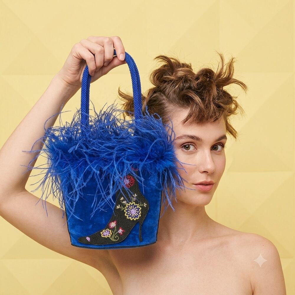 Ermo Beaded blue Heels Shoe Ostrich Feather Totes Bucket Bag Blue Snap Button